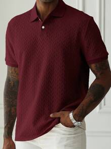 Manfinity Homme 男士夏季休闲纯色纹理面料短袖 Polo 衫 - 酒紅色 - 查看 3