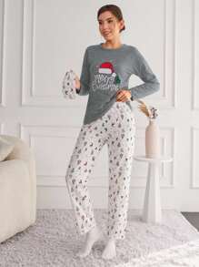 EURMUSE Ensemble de pyjama pour femmes avec chapeau de Noël confortable, Top à manches longues et pantalon imprimés de lettres - Gris pâle - Voir 5