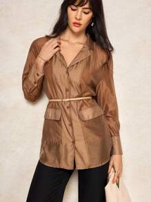 MIRENZI Camisa transparente grande cáqui sólida feminina verão outono casual camisa top - Caqui - Ver 7