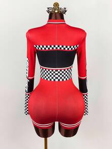 Amplova Y2k Carnival Costume Jumpsuit With Motorcycle Graphic And Stand-Up Collar - Black - View 2