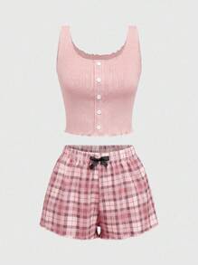 ROMWE Summer Casual All-Match Comfortable Ribbed Stripe Sleeveless Top And Shorts Women Pajama Set - Dusty Pink - View 2