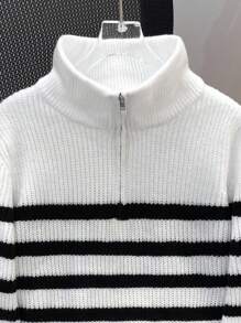 SHEIN 儿童/青少年男童休闲翻领半拉链长袖针织毛衣 - 白色 - 查看 8