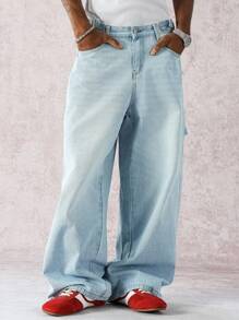 Manfinity ZONE917 Quần Jeans Xanh Chống Nhăn Phong Cách Đường Phố Thường Ngày Cho Nam, Dáng Rộng, Nhiều Túi, Chống Trơn Trượt, Bền, Đa Năng Cho Mọi Mùa - Rửa nhẹ - Xem 1