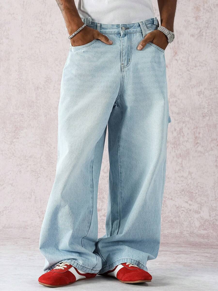 Manfinity ZONE917 Quần Jeans Xanh Chống Nhăn Phong Cách Đường Phố Thường Ngày Cho Nam, Dáng Rộng, Nhiều Túi, Chống Trơn Trượt, Bền, Đa Năng Cho Mọi Mùa - Rửa nhẹ - Xem 1