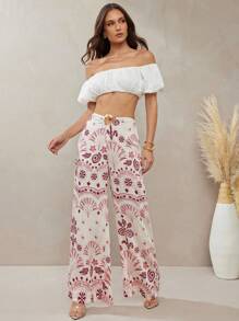 L'Amorae 女士节日花卉印花圆腰阔腿裤 - 紅白色 - 查看 1
