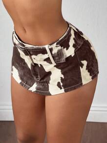 SHEIN ICON Women's Fashion Cow Print Belted Denim Skorts - Brown - View 1