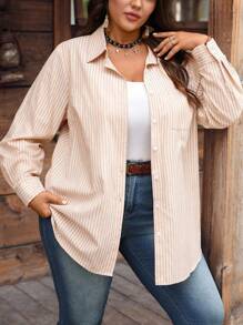 EMERY ROSE 大码休闲通勤条纹长袖衬衫，女士夏季，女士假期，波西米亚风假日，秋季，秋季女装，秋装，乡村音乐会，老钱风格女装，乡村女装 - 淺藍色 - 查看 3