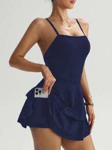 Easithlete 女式夏季带口袋细肩带荷叶边连体裤 - 藏蓝色 - 查看 3