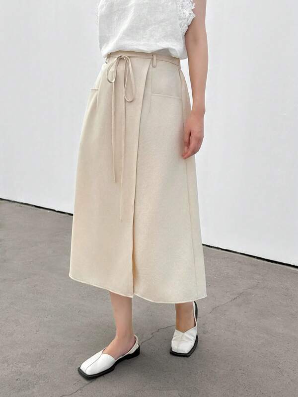 EMERY ROSE Women's Solid Color Tie Waist Double Pocket Wrap Around Skirt