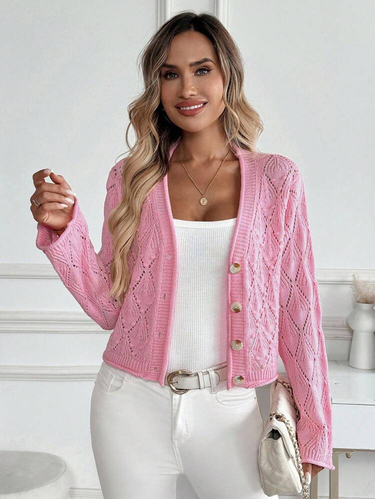 New Loose Hollow-Out Soft & Comfortable Ladies Spring/Autumn Knit Cardigan Pink Cardigan Women Lace Cardigan Summer Cardigan Button Up Cardigan Pink Knit Cardigan