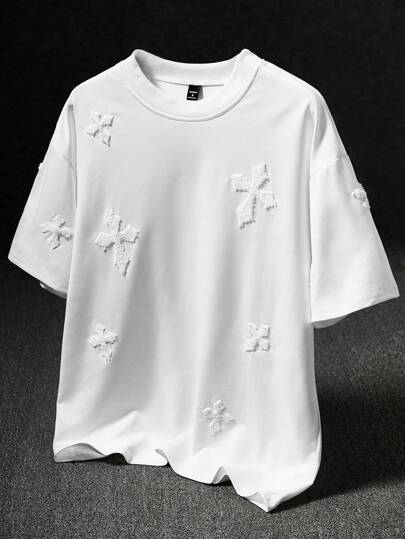 Manfinity EMRG Camiseta casual diaria con estampado cruzado completo de flocking para hombre al estilo de la calle INS, regalo para novio, esposo, aniversario, camiseta blanca, camiseta de diseñador para hombre, estilo de los 2000