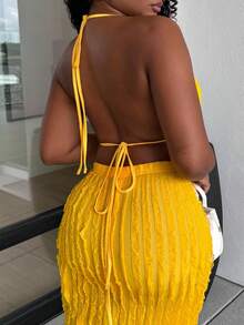 Alexandranx 女士性感纯色露背吊带上衣和加长裙两件套 - 橘色 - 查看 3