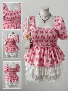 SHEIN MOOSTA Große Größen Bluse für Frauen mit geraffeltem Muster, Erdbeerdruck Patchwork, Dimanatkragen und kurzen Ärmeln für den Sommer