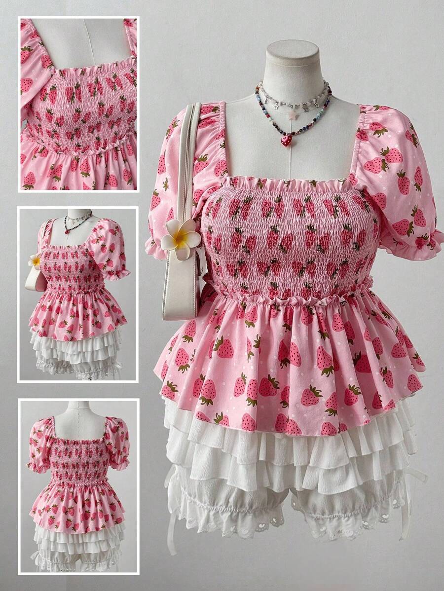 SHEIN MOOSTA Große Größen Bluse für Frauen mit geraffeltem Muster, Erdbeerdruck Patchwork, Dimanatkragen und kurzen Ärmeln für den Sommer