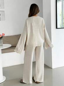 EURMUSE Women Sleeve Split Sweater And Pant Knit Set,Petite Co Ord,Co Ord,Petite,Winter Clothes - Beige - View 2