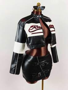 Amplova Damen Farbblock Frontzipp Langarm Buchstaben Muster einfache PU Jacke