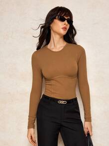 House of One Textured Knit Round Neck Fitted Top With Piping Women Casual Top Summer Fall Brown Top Fall Women Clothes Old Money Office Outfits For Women Fall Outfits Business Professional Women Business Casual Woman