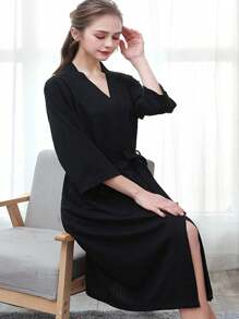 SHEIN 1 件轻便时尚浴袍，适合居家和海滩，速干亲肤，情侣家居服，简约格子浴袍夏季婚礼家居浴室装饰返校 - 黑色 - 查看 5