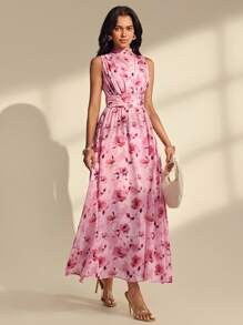 Almamuse Women's Tie-Dye Floral Print Dress With Flared Hem And Sleeveless High Collar - Coral Pink - View 7