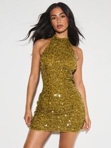 KIZN Váy ngắn hở lưng đính sequin vàng kim loại có chi tiết đính cườm ở lưng cho tiệc tối lễ hội Giáng sinh ngày lễ năm mới - màu xanh lá - Xem 3