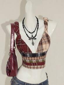 SHEIN ICON Women's Multi-Color Plaid Patchwork Tie Knot Strap Tank Top Plaid Top Plaid Set Scarf Top Buckle Top Aesthetic Tops - Multicolor - View 5