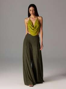 Firerie 女士优雅休闲纹理面料高腰阔腿裤，适合海滩、机场和风格 - 軍綠色 - 查看 7