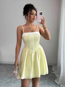 Elenzga Women Charming Romantic Woven Tie-Up Strap Mini Vacation Dress