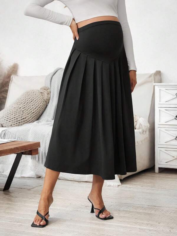 SHEIN Solid Color Loose Pleated Maternity A-Line Skirt