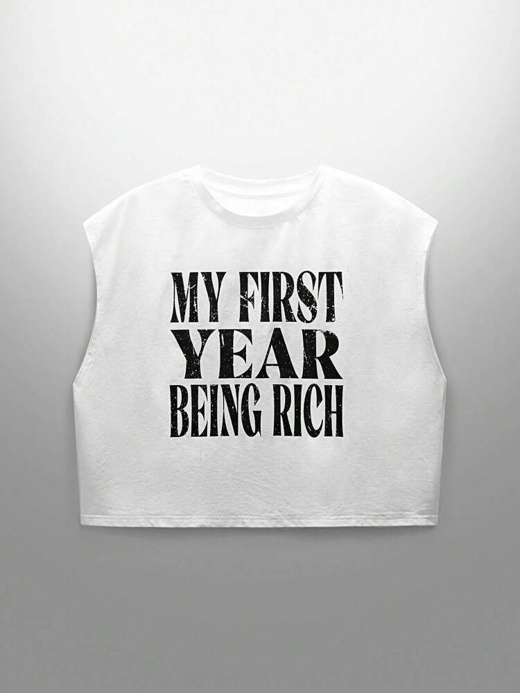 Plus Size Men's Casual Knit Round Neck Sleeveless Letter Print T-Shirt, Suitable For Summer