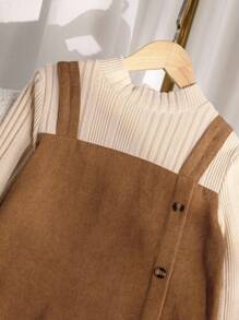 女童休闲圆领罗纹长袖仿层连衣裙，秋季