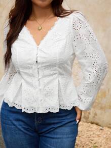 Elaquor Plus Size Women's Simple Romantic Solid Color V-Neck Ruffle Patchwork Blouse, Versatile Casual Shirt For All Seasons,Business Casual Woman - White - View 7