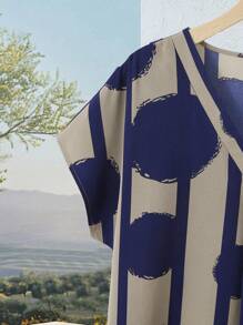 Rusticease 女士休闲宽松V领短袖中长连衣裙，日常穿着 - 藍色 - 查看 5