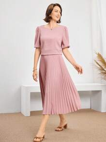 Miaspire 优雅泡泡袖衬衫和褶皱 A 字裙两件套服装 - 粉色 - 查看 7