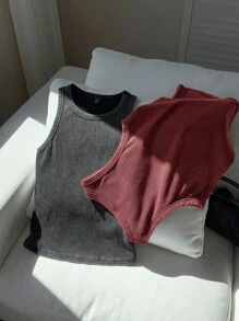Comfortcana Conjunto de top de punto ajustado con lavado ácido de dos colores - Burdeos - Ver 6