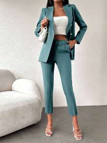 EURMUSE Women's Solid Color Double-Breasted Long Sleeve Jacket And Pants Suit Set - Mint Green - View 1