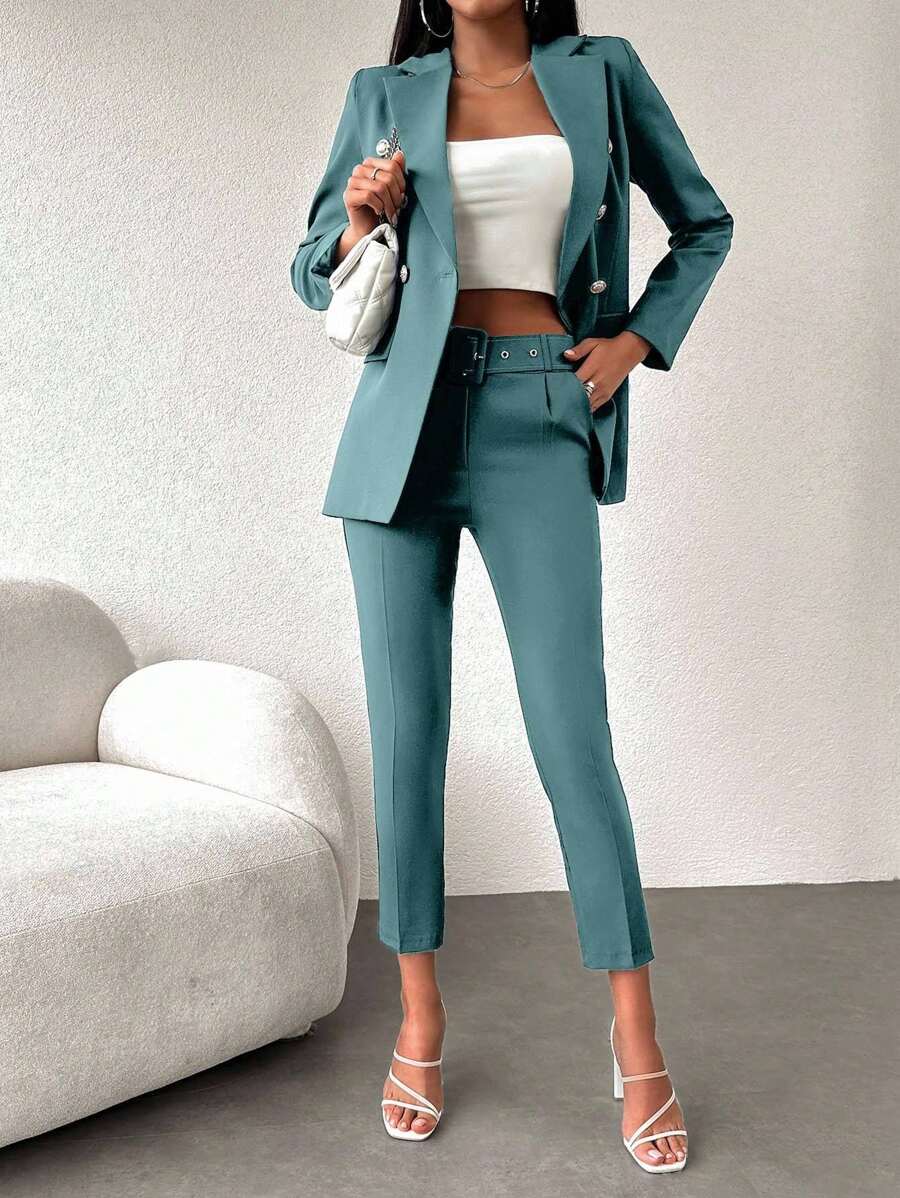 EURMUSE Women's Solid Color Double-Breasted Long Sleeve Jacket And Pants Suit Set - Mint Green - View 1