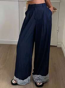 Livesso Women's Loose Contrast Lace Wide Leg Pants With Pockets, Casual Holiday Trousers For Autumn - Navy Blue - View 3