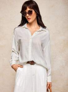 House of One Linen Blend Long Sleeve Loose Shirt Women Summer Casual Old Money Vacation White Shirt Summer Shirts Woman Fall Women Clothes Office Old Money Outfits For Women Fall Outfits Business Professional Women Business Casual Woman