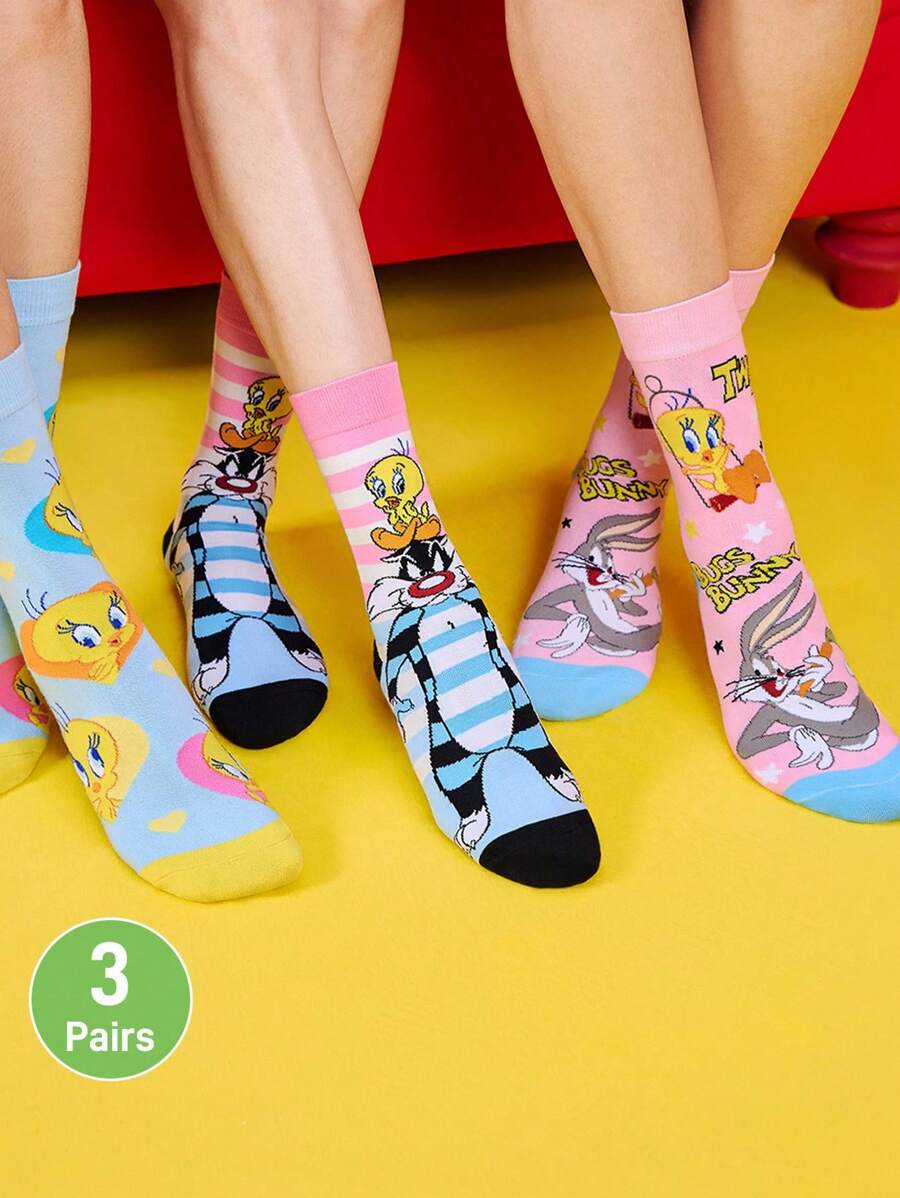 LOONEY TUNES X SHEIN 3 双柔软透气吸湿排汗休闲女士中筒袜,带有 Tweety & Sylvester 和时尚可爱的粉色和蓝色中筒袜,加固脚趾和脚跟,经久耐用,适合所有季节穿着 - 彩色 - 查看 1