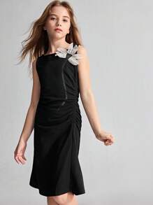 Ontre Tween Girls' Floral 3D Decor Boat Neck Sleeveless Ruched Fashion Dress - Black - View 3