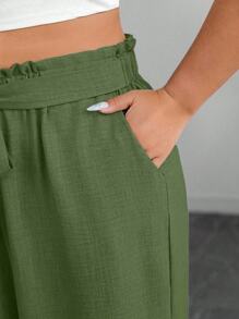 SHEIN PETITE CURVE 大码纯色休闲裤，夏季时尚 - 軍綠色 - 查看 8