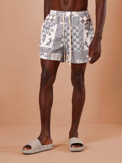 SUMWON Bandana Print Swim Trunks Casual Summer Beach Shorts With Drawstring Retro Pattern Mid Length Vacation Resort Wear