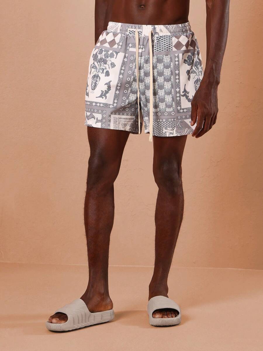 SUMWON 头巾印花泳裤休闲夏季沙滩短裤带抽绳复古图案中长款度假装 - 彩色 - 查看 1