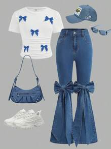 SHEIN Girlism Pantalones vaqueros acampanados de tela elástica azul oscuro con decoración de moño para niñas preadolescentes con estilo Y2k urbano y fresco. Un conjunto de prendas casual, versátil y a la moda para el uso diario o en vacaciones y fiestas de cumpleaños de niñas preadolescentes.