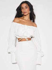KIZN 露肩短款上衣，长袖泡泡袖，风琴式口袋，修身袖口，松紧腰身，适合派对、晚宴、节日等夏季穿着。 - 白色 - 查看 3