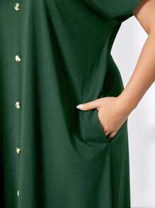 SHEIN Essnce 大码女装春夏时尚休闲宽松舒适日常短袖黑色V领口袋长裙，女装夏季服装，女装教堂服装，老钱风格女装，女装教师服装，女装机场服装 - 墨綠色 - 查看 4