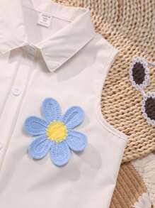 SHEIN 女童针织花卉翻领无袖开衫连衣裙，休闲夏装 - 白色 - 查看 4