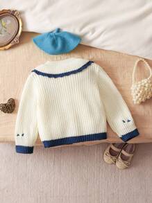 SHEIN Vintaside Kids Baby Girls' Embroidered Contrast Color Cardigan Sweater With Large Lapel, Autumn Vintage Baby Cardigan With Embroidered Flowers Fall Winter - White - View 2