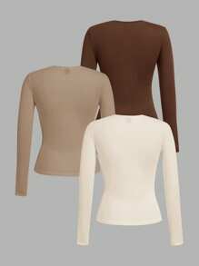 SHEIN EZwear 大码多色圆领修身时尚百搭长袖T恤 - 彩色 - 查看 2