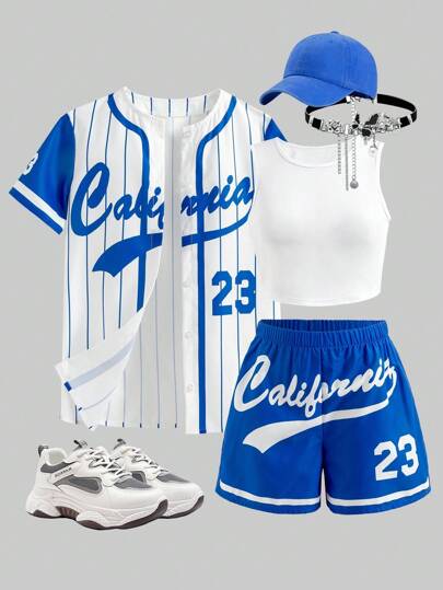 Sparklyn 青春期前女孩黑色条纹复古字母印花超大夹克、黄色吊带背心和黄色短裤 3 件套